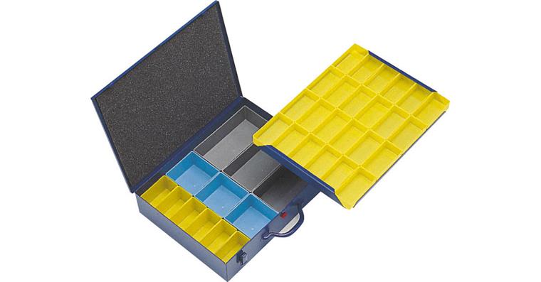 Small parts assortment case sheet steel blue 440x330x100 mm with 36 boxes
