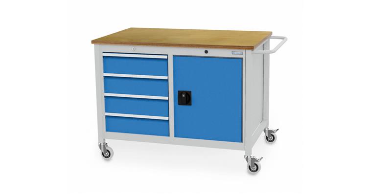 1099521204 Mobile cab. workbench W1250xD750xH935mm 4xdraw. 1xhinged door 1xshelf 7035/5012