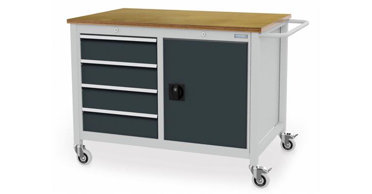 1099521205 Mobile cab. workbench W1250xD750xH935mm 4xdraw. 1xhinged door 1xshelf 7035/7016