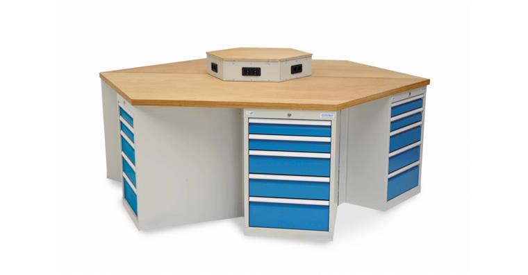 1099521117 Hex. workbench W2500xD2165xH859mm with 6 drawer cabinets RAL 7035/5012