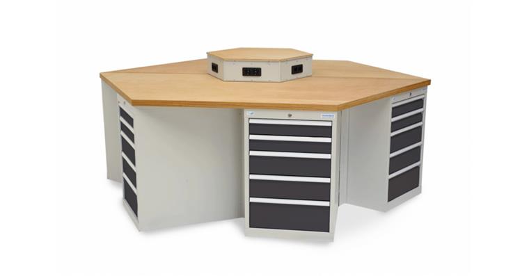 1099521118 Hex. workbench W2500xD2165xH859mm with 6 drawer cabinets RAL 7035/7016