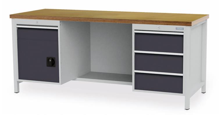Cabinet workbench W2000xD750xH959mm 1x shelf 4xdrawers 1xdoor RAL7035/7016