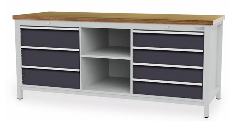 Cabinet workbench W2000XD750XH959mm 7x drawers 2x shelves RAL7035/7016