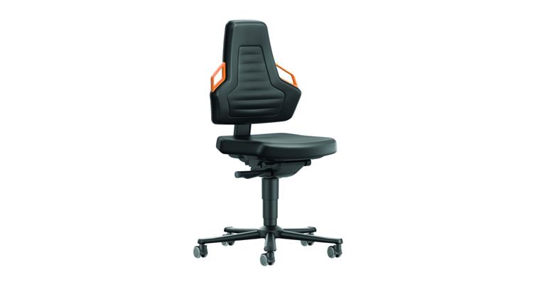 Swiv wrk chair Nexxit 2 seat height 450-600mm w cast, synth leath, orng handle