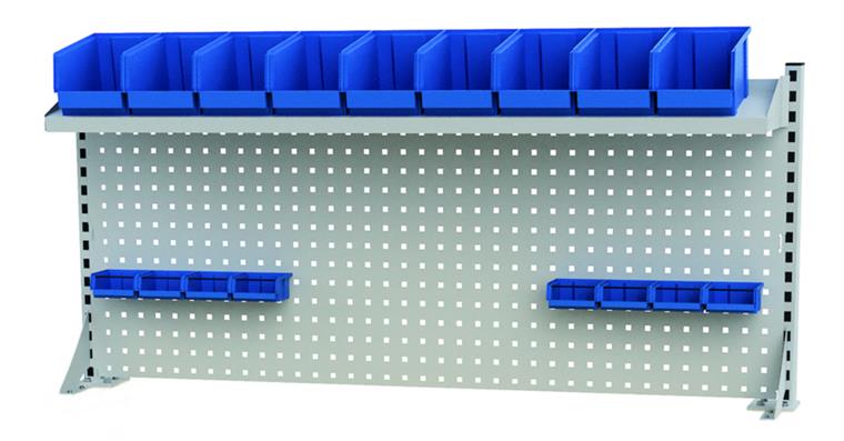 1099521232 Multi-Wand Aufbau B1500 x H650mm mit 2xTragsäule, Fachboden, 10 Haken, 17 Kästen