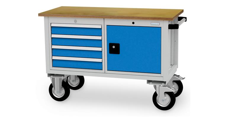 1081753101 Mobile Werkbank B1200xT540xH820mm RAL7035/5012 4x Schublade, 1x Tür