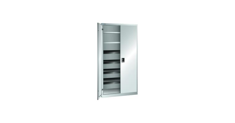 Flügeltürschrank BxTxH 1000x580x1950mm 2 Fachböden, 4 Auszugböden RAL 7035