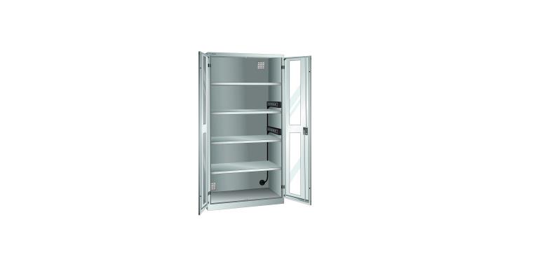 Akku-Ladeschrank mit Sichtfenster-Türen 1000x580x1950mm 4 Fachböden RAL 7035