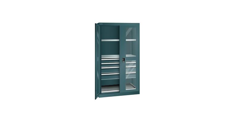 Schwerlastschrank mit 2 Sichtfenster-Flügeltüren 1100x641x1950mm RAL 7016