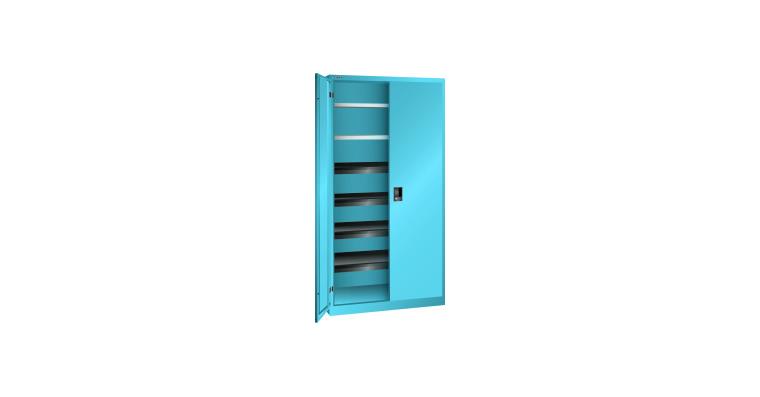 1085144101 Flügeltürschrank BxTxH 1000x580x1950mm 2 Fachböden, 4 Auszugböden RAL 5012