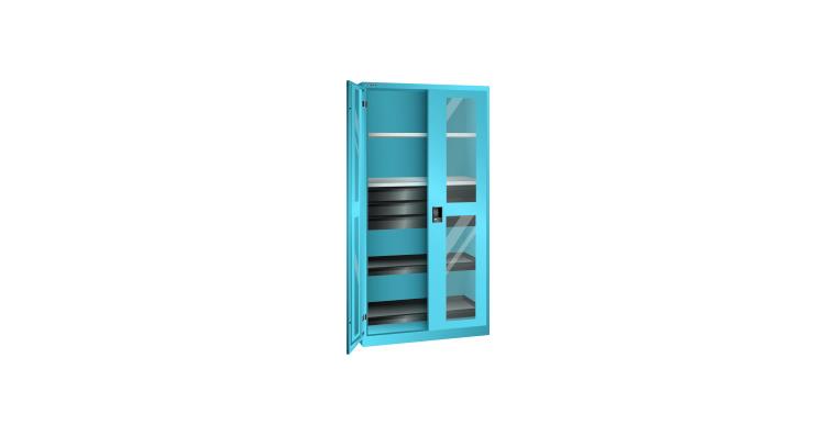 Flügeltürschrank mit 2 Sichtfenster-Türen BxTxH 1000x580x1950mm RAL 5012