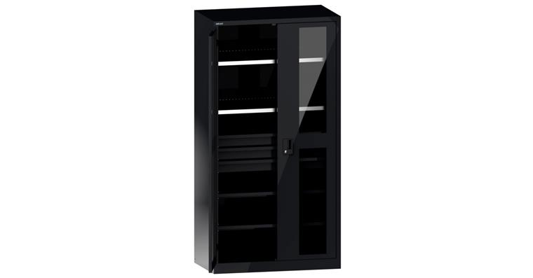 Flügeltürschrank mit 2 Sichtfenster-Türen BxTxH 1000x580x1950mm RAL 7016