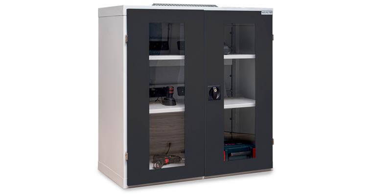 Akkuladeschrank mit Sichtfenstertüren BxTxH 980 x 500 x 1019 mm 7035/7016