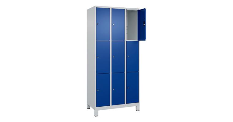 Schließfachschrank Classic PLUS, Füße, 9 Fächer, 1950x900x500mm RAL 7035/5010