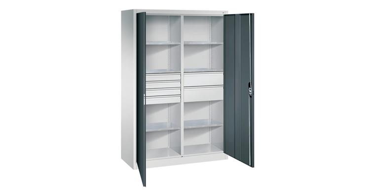 Hinged door tool cab. 1950x1200x500mm, 6 shelves, 4 sm.+2 lrg. drawers RAL7016