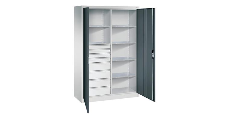 1085127306 Flügeltür-Werkzeugschrank 1950x1200x500mm 6 Böden 4 kl.+4 gr. Schubladen RAL7016