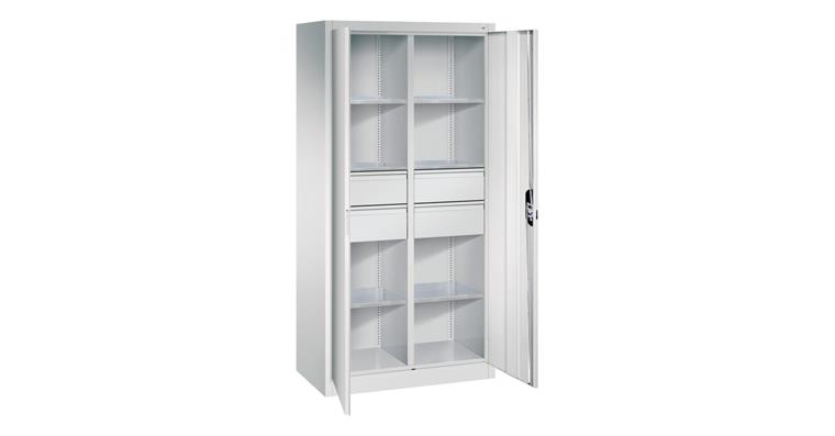 Hinged door tool cabinet 1950x930x500mm, 6 shelves, 4 large drawers RAL7035