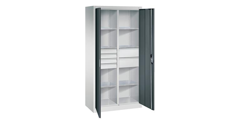 1085127303 Hinged door tool cab. 1950x930x500mm, 6 shelves, 4 sm.+2 lrg. drawers RAL7016
