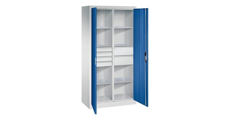 Hinged door tool cabinet 1950x930x500mm, 6 shelves, 4 sm+2 lrg drawers RAL 5010