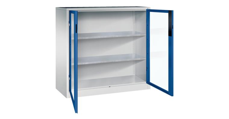 Ordnungsschrank mit Sichtfenstertüren HxBxT 1200x1200x500 mm 2 Böden RAL 5010