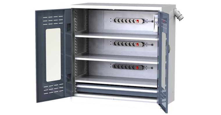 Akkuschrank 1030 x 1000 x 500 mm Sichtfenstertüren RAL 7035/7016