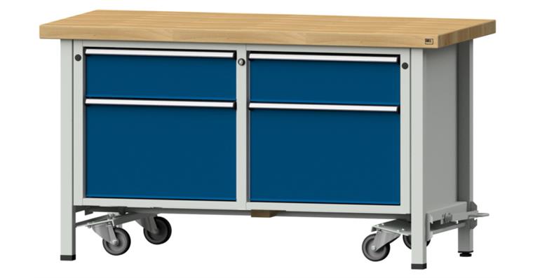 1082083401 Kastenwerkbank mobil 1500x700x850mm 4 Schubladen Buche-Massivplatte 7035/5010