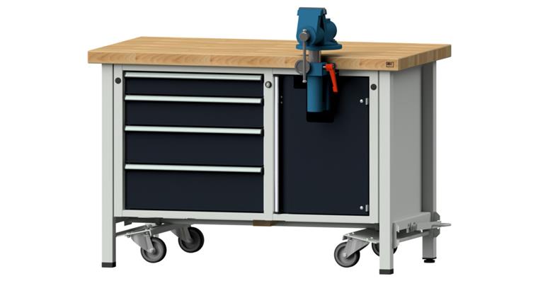 Montagewerkbank fahrbar 4 Schubladen B1270xT700xH850 mm RAL7035/7016