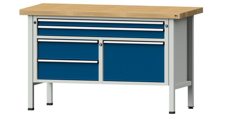 1082085402 Kastenwerkbank 1500x700x900mm 3-teilig 5 Schubladen Buche-Massivplatte 7035/5010