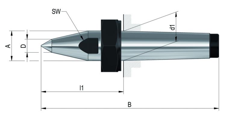 Zentrierspitze MK 5, ähnlich DIN 807, volle Spitze, Abdrückmutter, verlängert