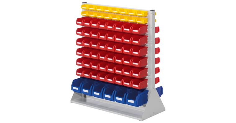 Stellwand 1100x1000x430mm doppelseitig mit Sichtlagerkästen 12xGr6 96xGr7 32xGr8