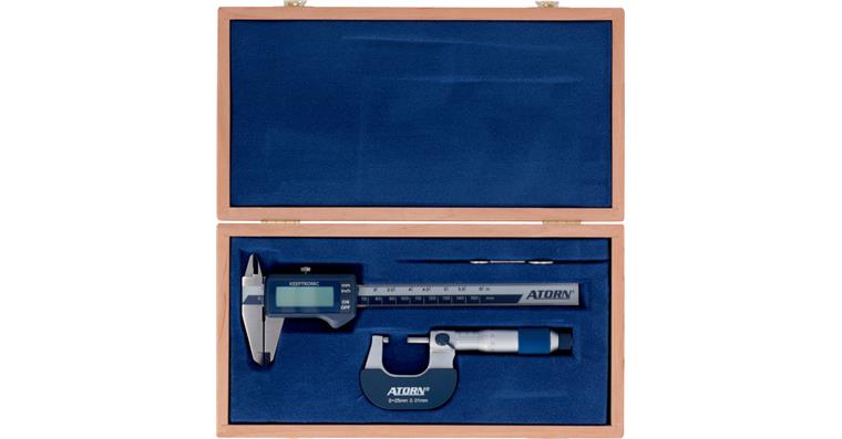 ATORN 2-piece measuring instrument set, wooden case, digital vernier callipers
