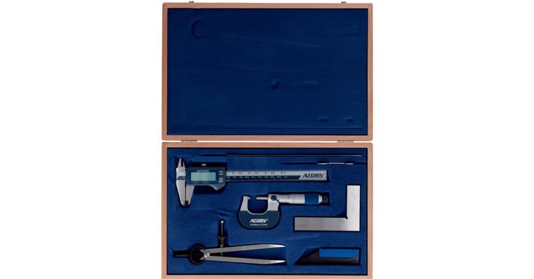 ATORN 6-piece measuring instrument set, wooden case, digital vernier callipers